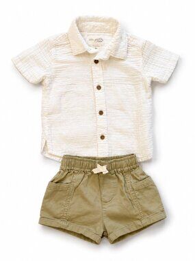 NWOT Little Planet Organic Cotton Linen Khaki 2 Piece Shirt Shorts Set 6M